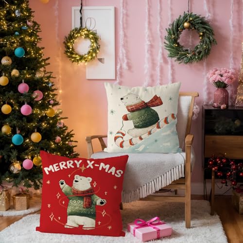 Christmas Polar Bear Pillow Covers Set of 4 18x18 Inches Holiday Home Decor