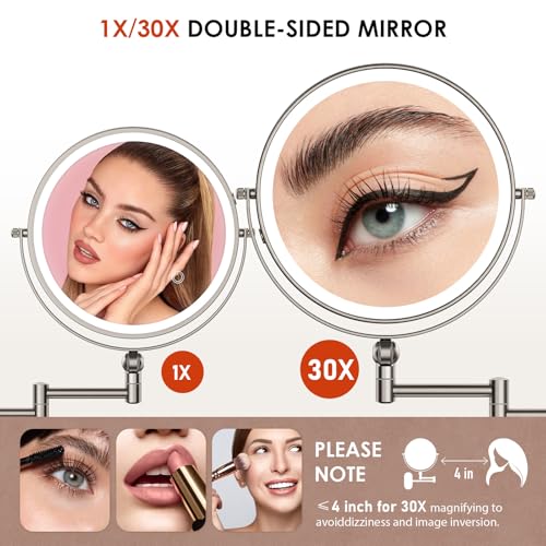 ZLOKLA 9-Inch Rechargeable Wall-Mounted Lighted Makeup Mirror with 30X Magnification - Nickel Finish, 4000mAh Battery, Dimmable LED Lights, Extended Arm, 360° Rotation - Model 4000mah-9inch-30x-nickel
