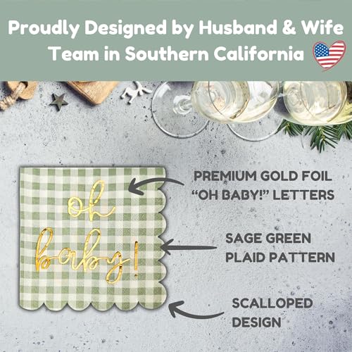 Sage Green and Gold Foil Baby Shower Napkins - 50 Pack 'Oh Baby' Decorations
