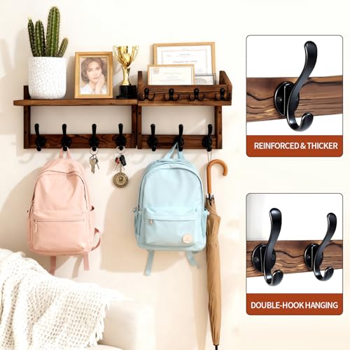 27-Inch Wall Mounted Coat Rack with Shelf and 11 Hooks, Wood Entryway Organizer
