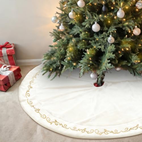 60 Inch White Velvet Christmas Tree Skirt with Gold Embroidery - Classical Style