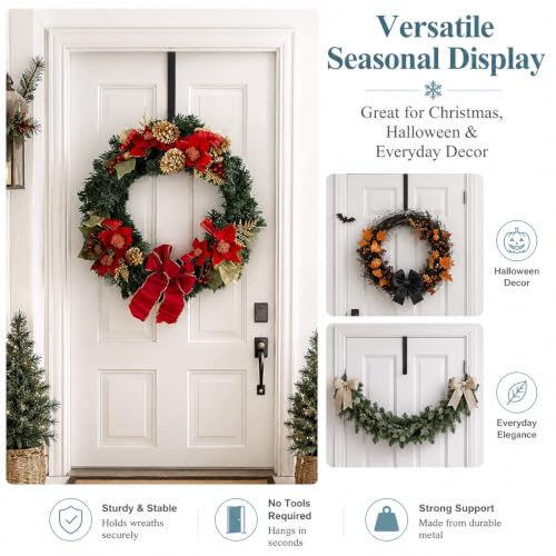Black Carbon Steel Wreath Hanger - 5 Inch Over the Door Hook for Holiday Decor