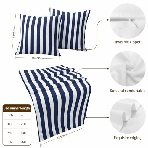 DecorLovee Navy Blue Striped Bed Runners for King Size with 2