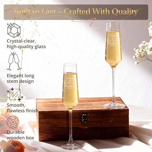 Personalized Champagne Flutes Set with Wooden Box - Engraved Names & Date, Wedding Gift
