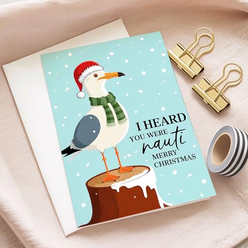 Podagree I Heard You Were Nauti Christmas Card – Funny Nautical Seagull Santa Hat Greeting Card