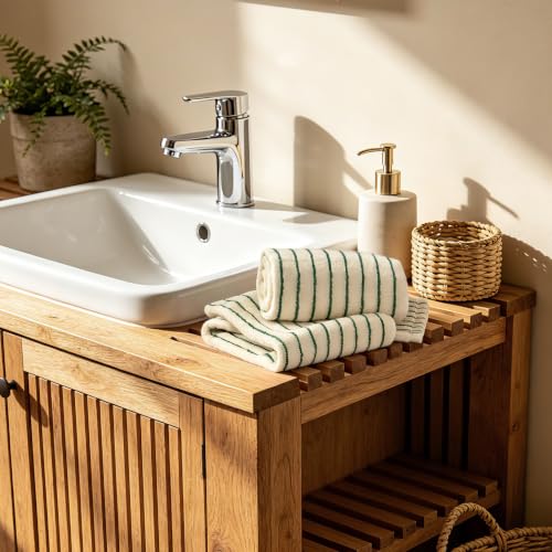 Striped 100% Cotton Hand Towels - Soft & Absorbent Bathroom Set (2 Pack)