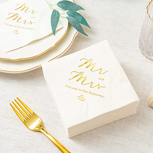 Gold Foil Mr & Mrs Wedding Cocktail Napkins 3-Ply 100 Count - Welcome Party Decor