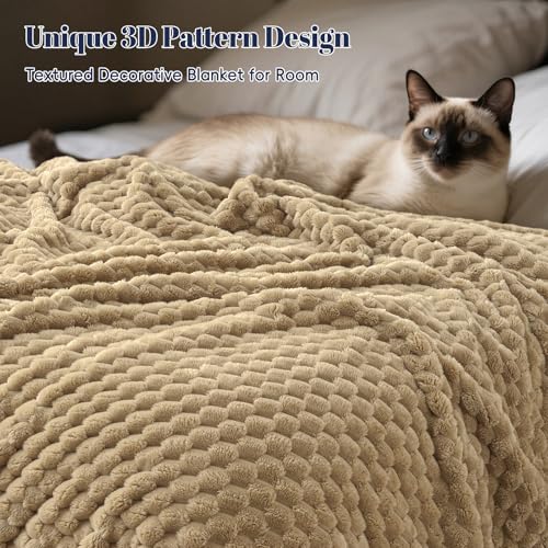 Ultra Soft 3D Jacquard Flannel Fleece Blanket - Queen Size, 90"x90", Khaki