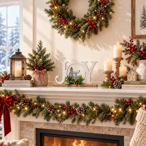 Rustic Wooden Christmas Joy Sign with Reindeer & Pinecone Decor - Farmhouse Holiday Table Centerpiece