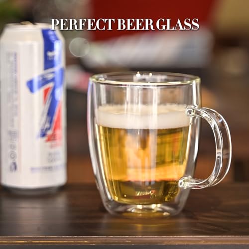 YUNCANG 4-Pack Double Wall 16oz Glass Coffee Mugs - Heat-Resistant, Clear with Handle