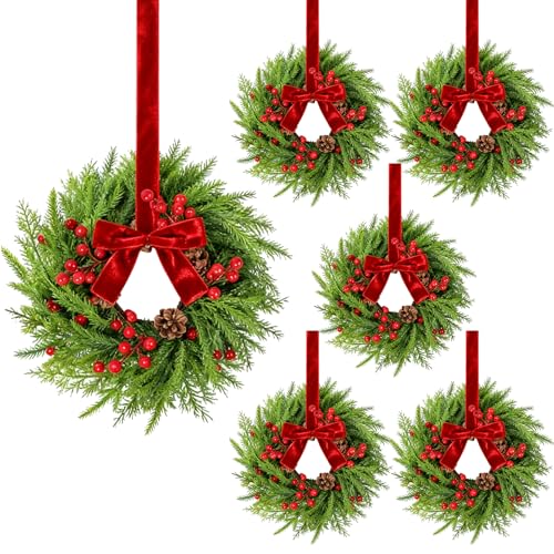 YLOLUL 6-Pack Christmas Mini Wreaths with Ribbon for Kitchen & Holiday Decor