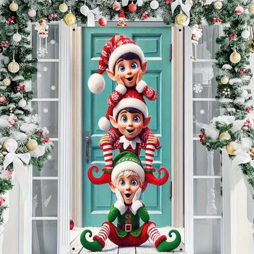 BlissYard Elf Door Cover 35x71 Inch Christmas Polyester Banner