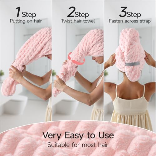 REDKISS 3-Pack Microfiber Hair Towels for Women - Extra Large 24x42 Inch Pink, Grey & Blue, Soft Fast-Dry Wraps with Elastic Band