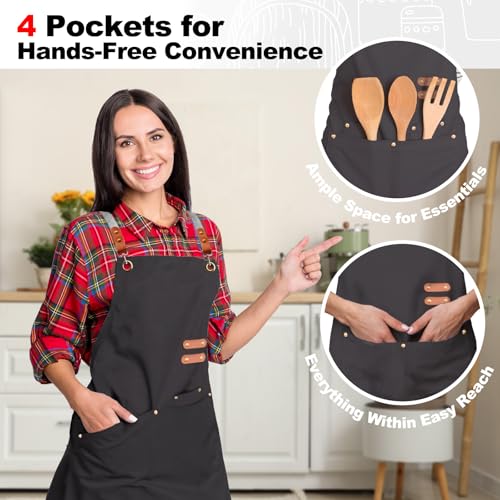 Unisex Chef Apron with Cross Back Straps and 4 Pockets for Kitchen Cooking