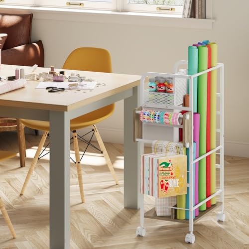 Rolling Wrapping Paper Storage Cart with Drawers and Wheels White