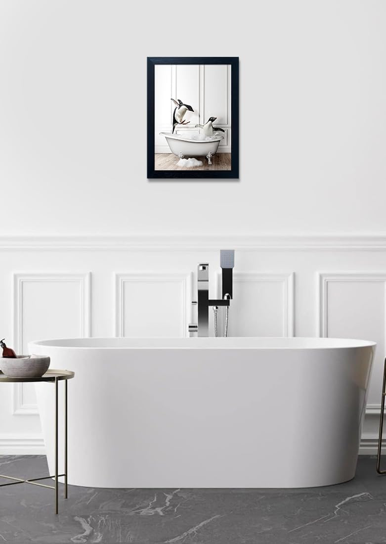 Skiennix Kids Bathroom Wall Art - Framed Black and White Penguin Print | Cute Farmhouse Decor