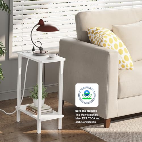 Narrow Side Table with Charging Station, 2-Tier Slim End Table, White