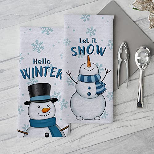 Seliem Hello Winter Snowman Kitchen Dish Towel Set of 2 - Blue Snowman, Let it Snow Snowflakes, Holiday Xmas Decor, 18x26 Inches - White Variation