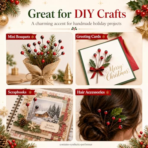150 Pcs Artificial Holly Berries for Christmas Decor - Red Foam Stems for Wreaths, Tables & DIY Projects