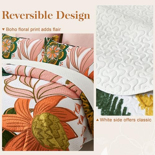 Tyrot 3-Piece Boho Floral King Quilt Set - Reversible Microfiber Bedspread