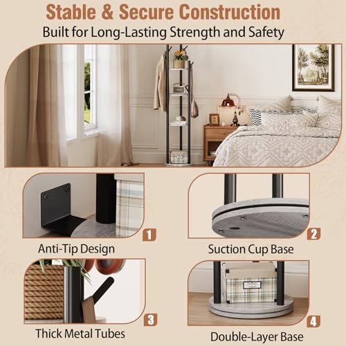 Rotating Coat Rack Stand with 9 Hooks and 4-Tier Storage Shelves, Grey