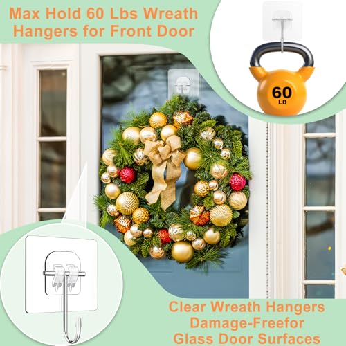 10 Pack Heavy-Duty Wreath Hangers for Front Door - Clear Adhesive Hooks