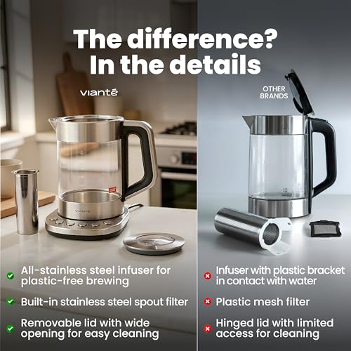 1.5L Electric Tea Kettle with Infuser, Glass & Stainless Steel, No Plastic