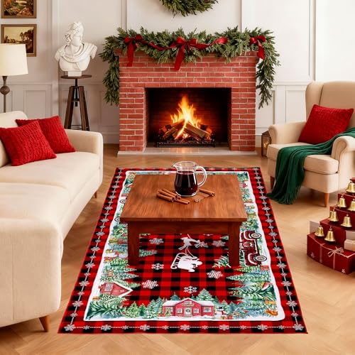 3'x5' Red Plaid Truck Christmas Area Rug - Non-Slip, Low-Pile, Washable