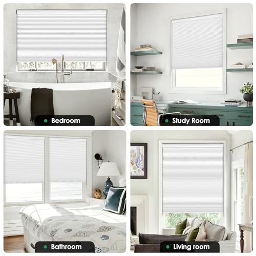 No Drill Cordless Cellular Shades, 22" W x 36" H White Blackout Honeycomb Blinds