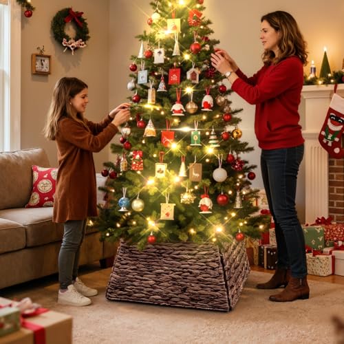 Lanpn 17 Inch Brown Rattan Christmas Tree Collar Square Woven Wicker Skirt