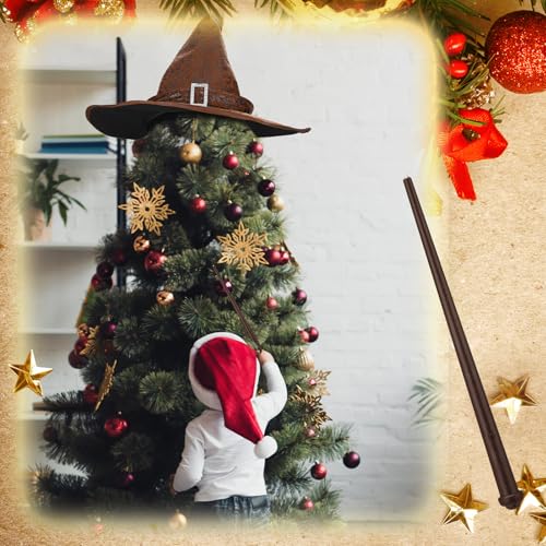 Wizard Hat Christmas Tree Topper with Light-Up Wand – 16.7in/41cm Brown