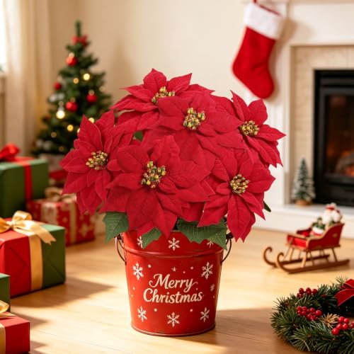 Coferset 4-Piece Artificial Christmas Poinsettia Flowers - Red, Indoor & Outdoor Decor