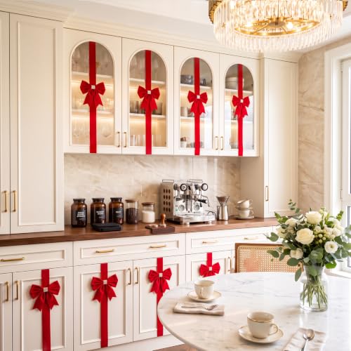 PUFFLD 8 Pcs Red Christmas Cabinet Ribbon Bows 77.9in - Satin
