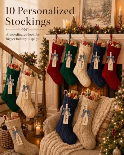 Houscly 18 Inch Christmas Stockings Set of 10 - Red, White, Green, Khaki, Navy with Wooden Name Tags