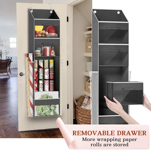 Over Door Wrapping Paper Organizer with 3 Removable Drawers & Side Pockets