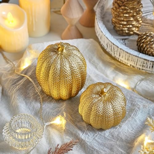 2-Piece Resin Gold Pumpkin Decor, Woven Effect Thanksgiving Table Centerpiece