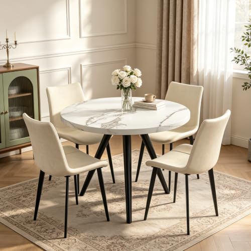 34.6-Inch Round Dining Table Set for 4, Marble-Look Table with 4 Chairs