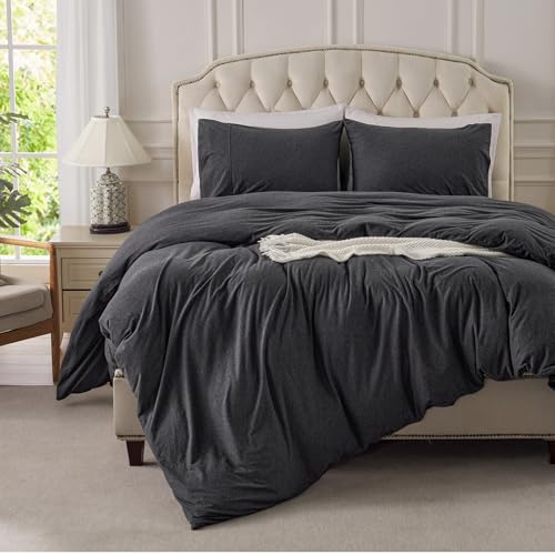 100% Cotton Jersey Knit Queen Duvet Cover Set - Heather Charcoal Grey