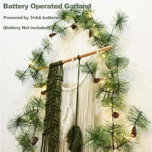 Palonym Pre-lit Christmas Garland with 81 Pine Needles & 40 LED Lights, 9.84 ft with Pine Cones, Battery-Operated w/ Timer