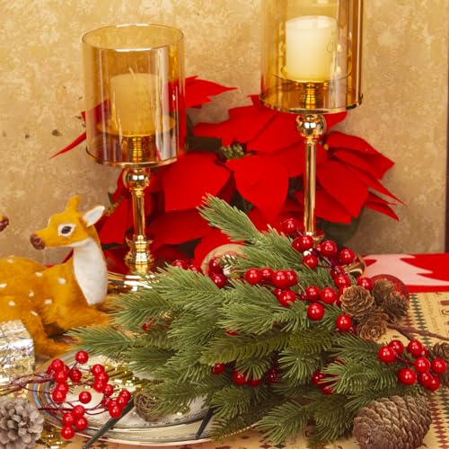 Grunyia 10 Pcs Artificial Pine Cone Picks with Red Berries - Christmas Tree Wreaths