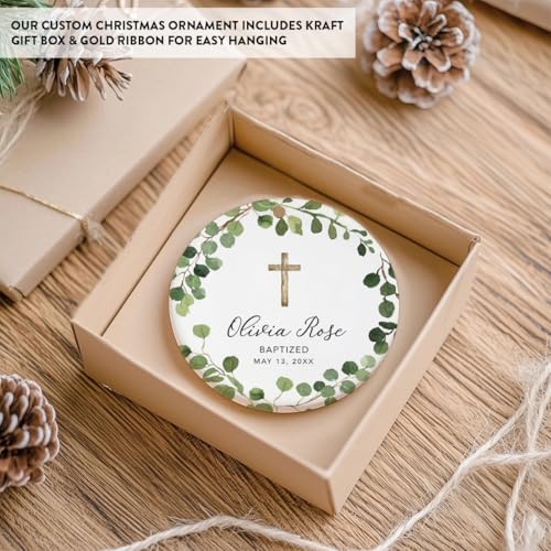 Personalized Baptism Ornament 2026, Round Ceramic Eucalyptus Wreath Keepsake
