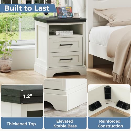 Farmhouse Nightstand with Charging Station, 2 Drawers and Open Shelf