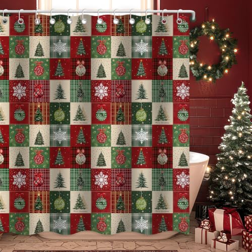 Farmhouse Checkerboard Christmas Shower Curtain Winter Decor 72x72 Inch - Christmas Patchwork