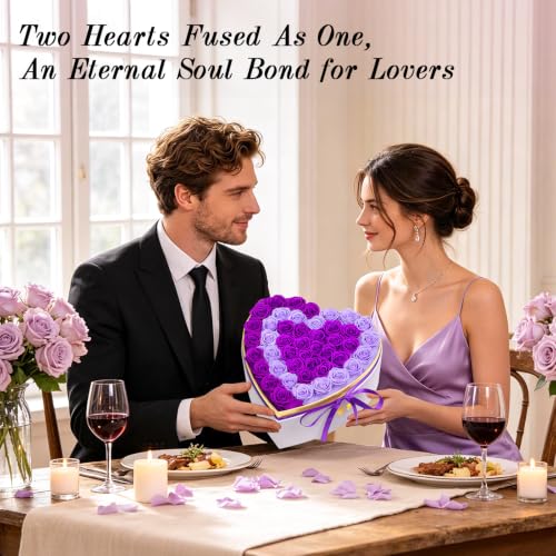 Eluvian Forever Flowers Purple Roses Two Heart-Shaped Box Gift for Women - Anniversary, Valentine's, Wedding
