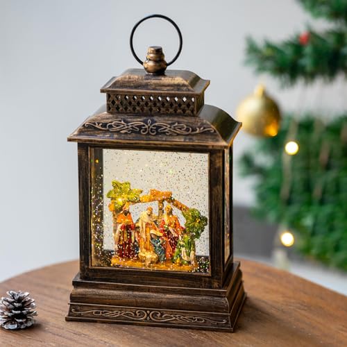 EYZH Christmas Nativity Snow Globe Lantern with 6-Hour Timer, Musical Lighted Nativity Scene, 11.75 Inch USB Decor