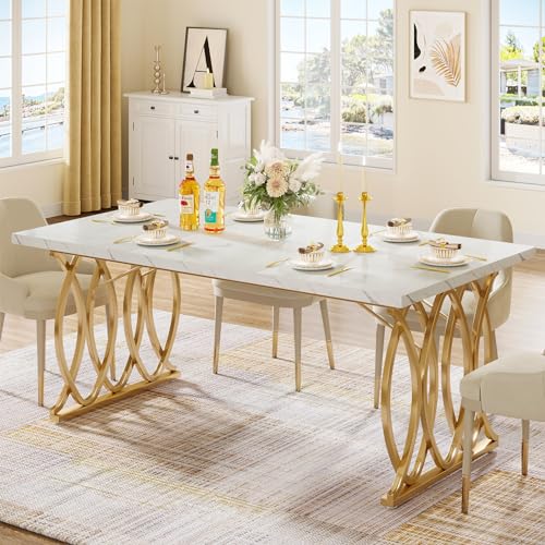63-Inch Modern Rectangular Dining Table, White Faux Marble and Gold Legs