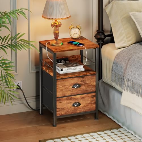 Industrial Nightstand with Charging Station, 2 Fabric Drawers & USB Ports