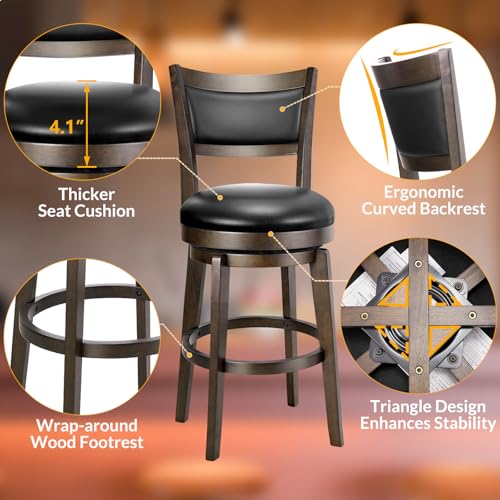 24-Inch Swivel Counter Height Bar Stools, Set of 2 - Black Faux Leather