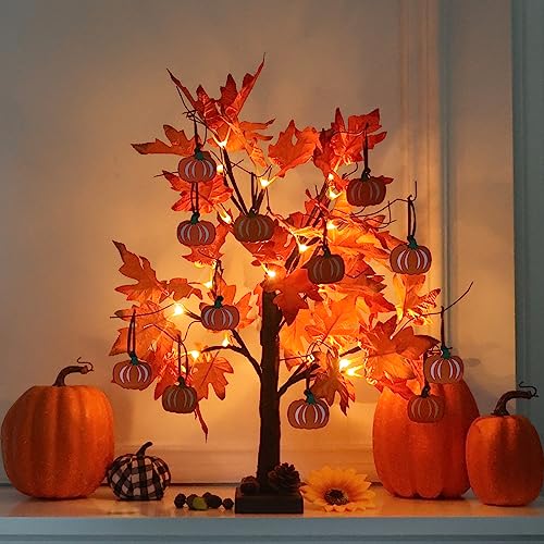 Lighted Maple Leaves Tree with Pumpkin Ornaments - 24" Fall Decor