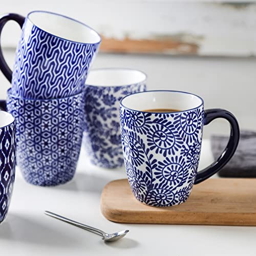 Selamica Vintage Blue 16 oz Ceramic Coffee Mug Set of 6 - Dishwasher & Microwave Safe